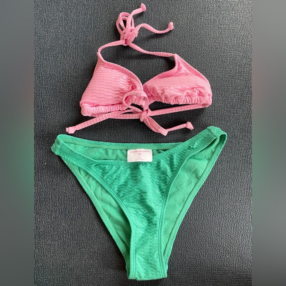 Stoney Clover Lane x Target Textured Pink Bikini Top & Green bottom NWOT - XXS